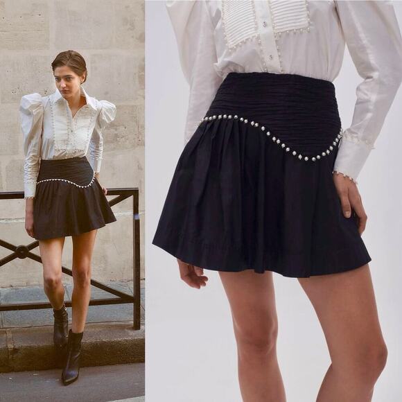 Aje Florence Pearl Trim Pleated Mini Skirt Black Size 4 A-Line Poplin Cotton - Picture 2 of 10